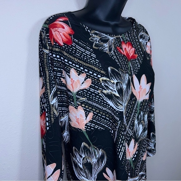 VINTAGE SMALL JM COLLECTION BLOUSE BLACK FLORAL GOLD SHIMMER ACCENT STRETCH - Picture 2 of 12